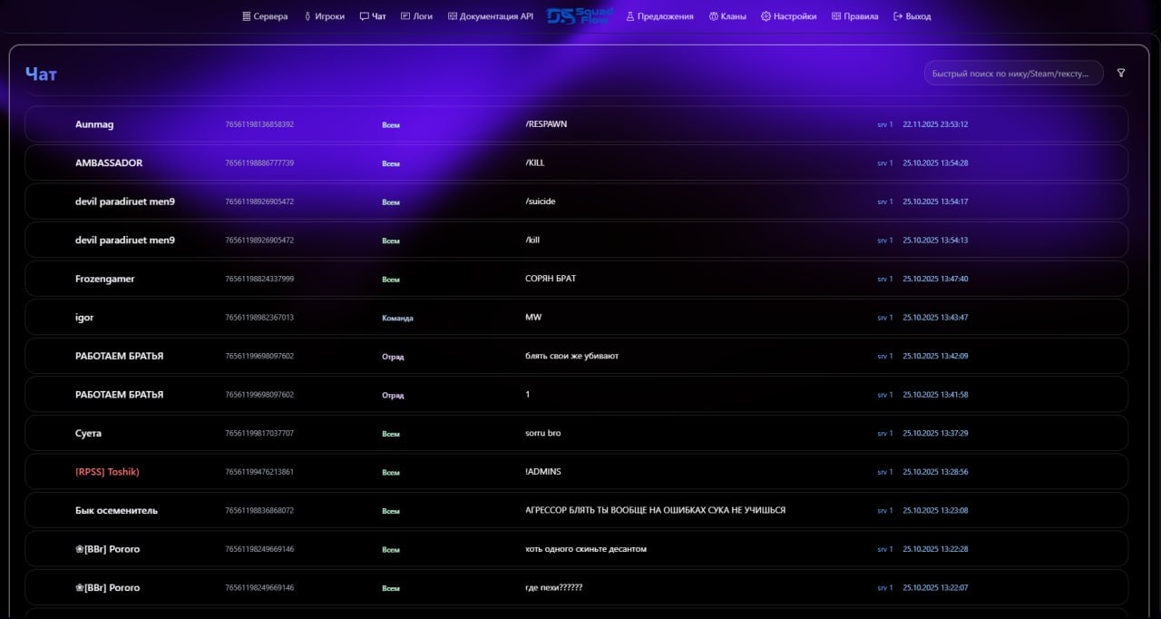 Squad admin panel players list view in SquadFlow